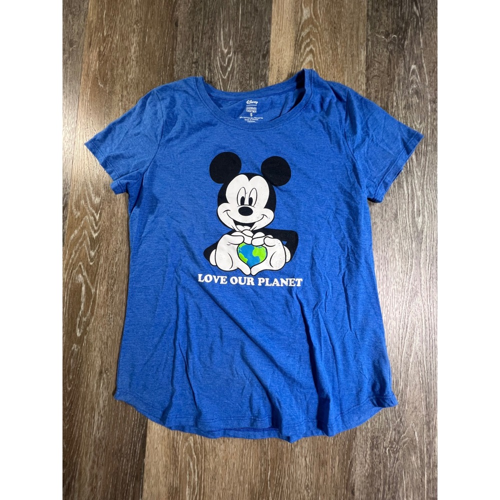 Disney T-Shirt Women Small Blue Mickey Mouse Love Our Planet Graphic Tee
